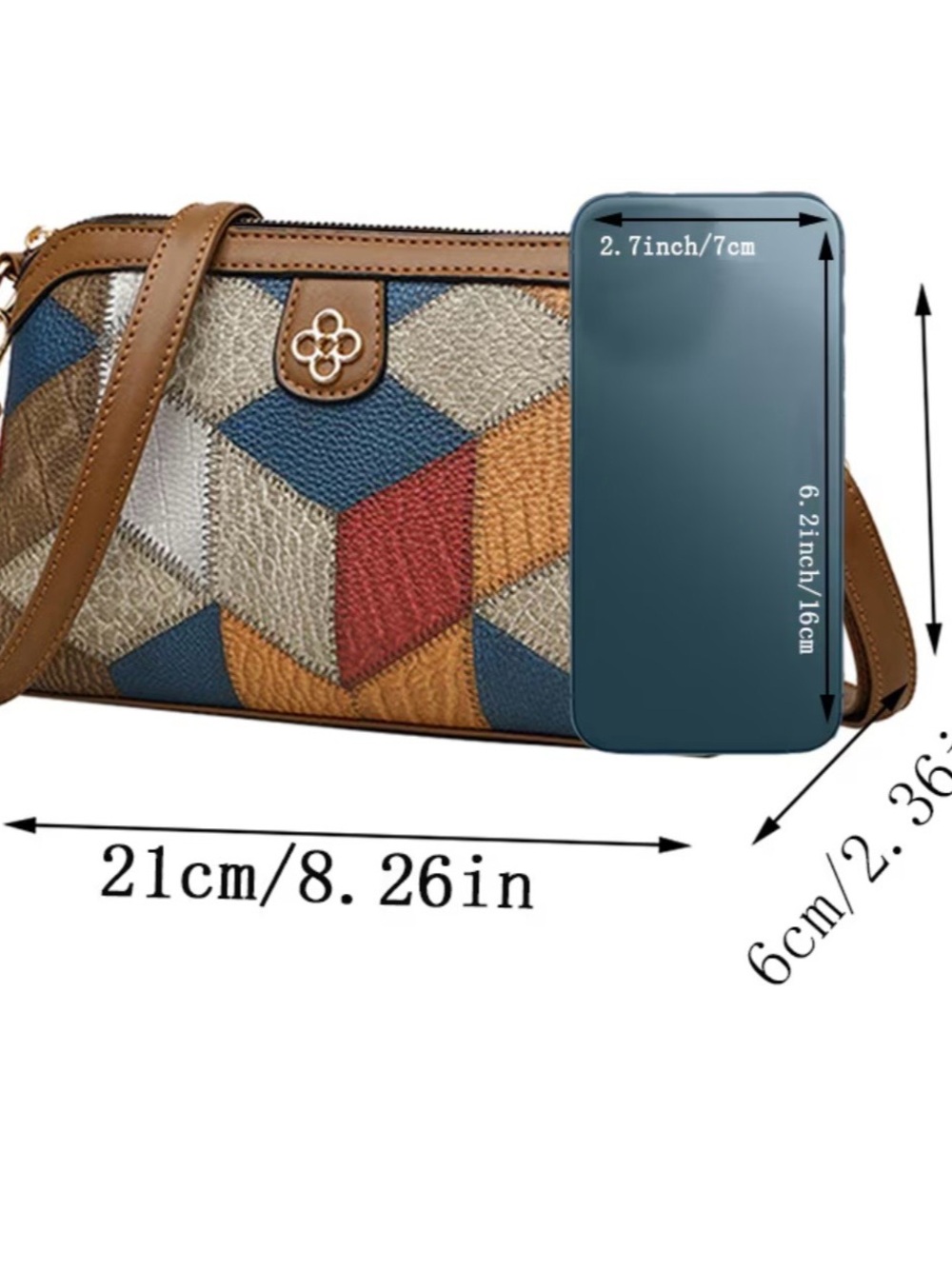 Patterned Geometric Crossbody Bag with Brown Trim - Picture 4 of 5
